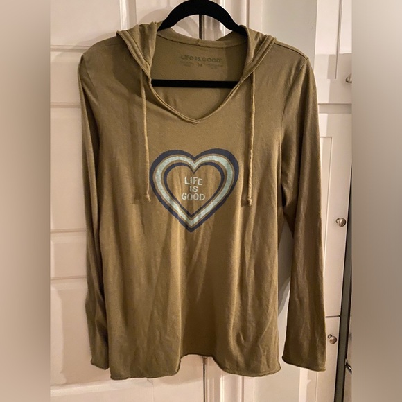 LIFE IS GOOD women’s long sleeve heart hoodie shirt olive green size Medium - Picture 5 of 5